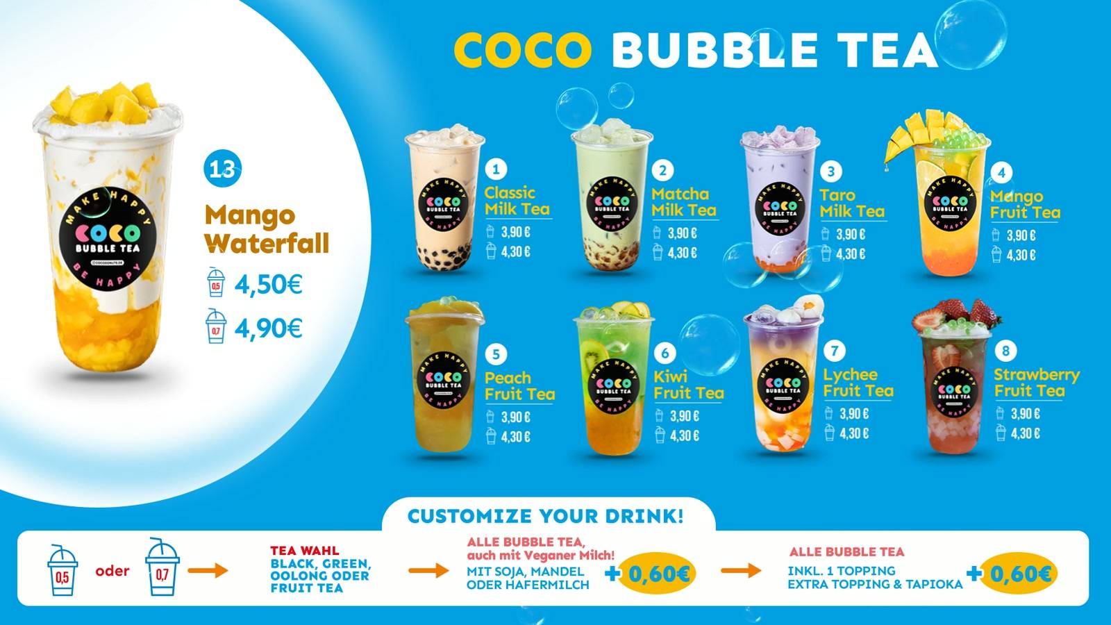 Menüboard-Design für Coco Donuts: Bubble-Tea-Karte