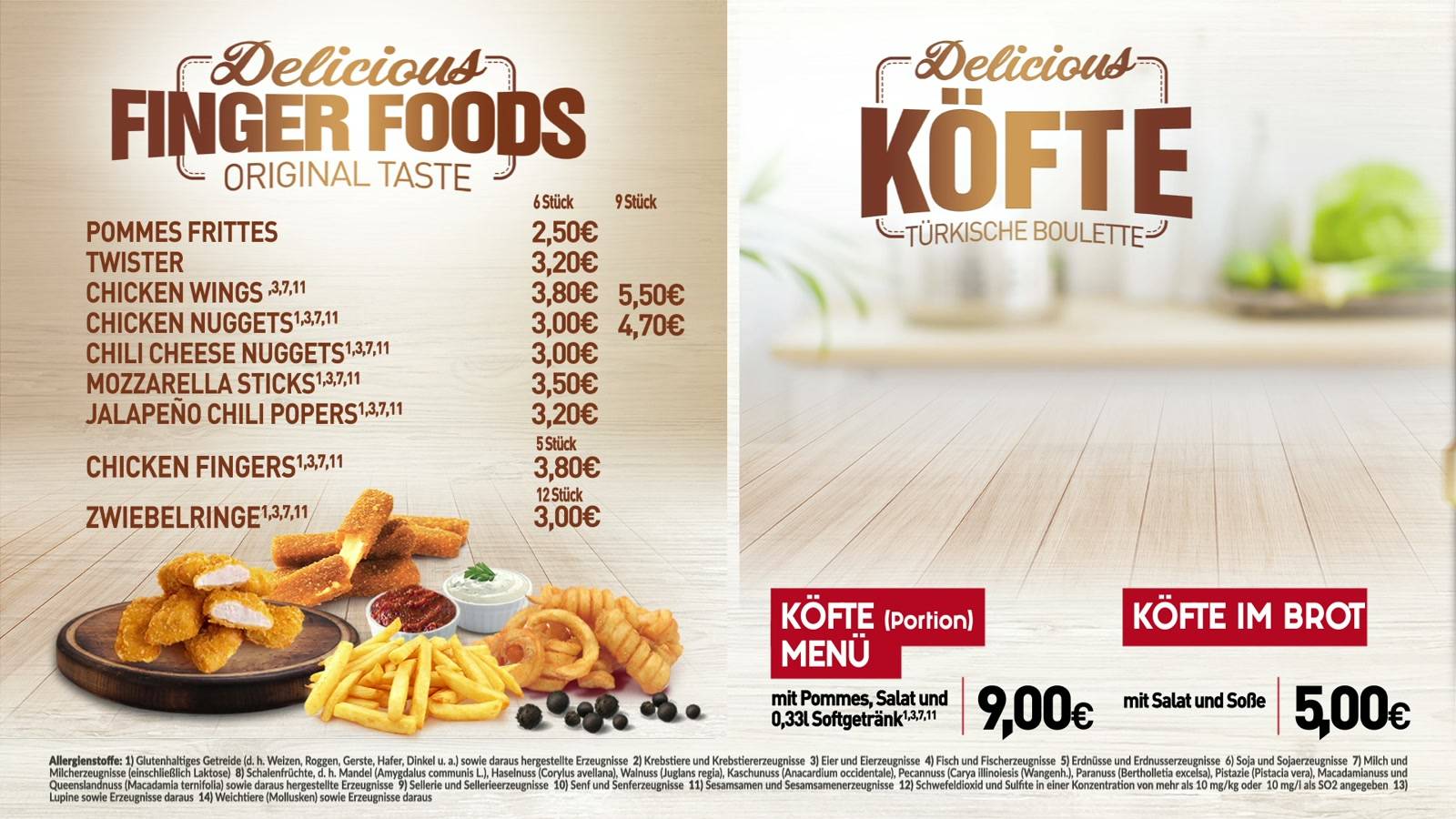 Menüboard-Design für Kösgeroglu: Finger Foods und Köfte
