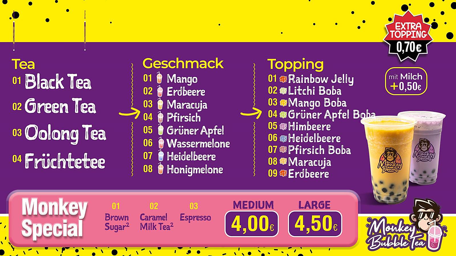 Menüboard-Design für Monkey Donuts: Bubble-Tea-Karte