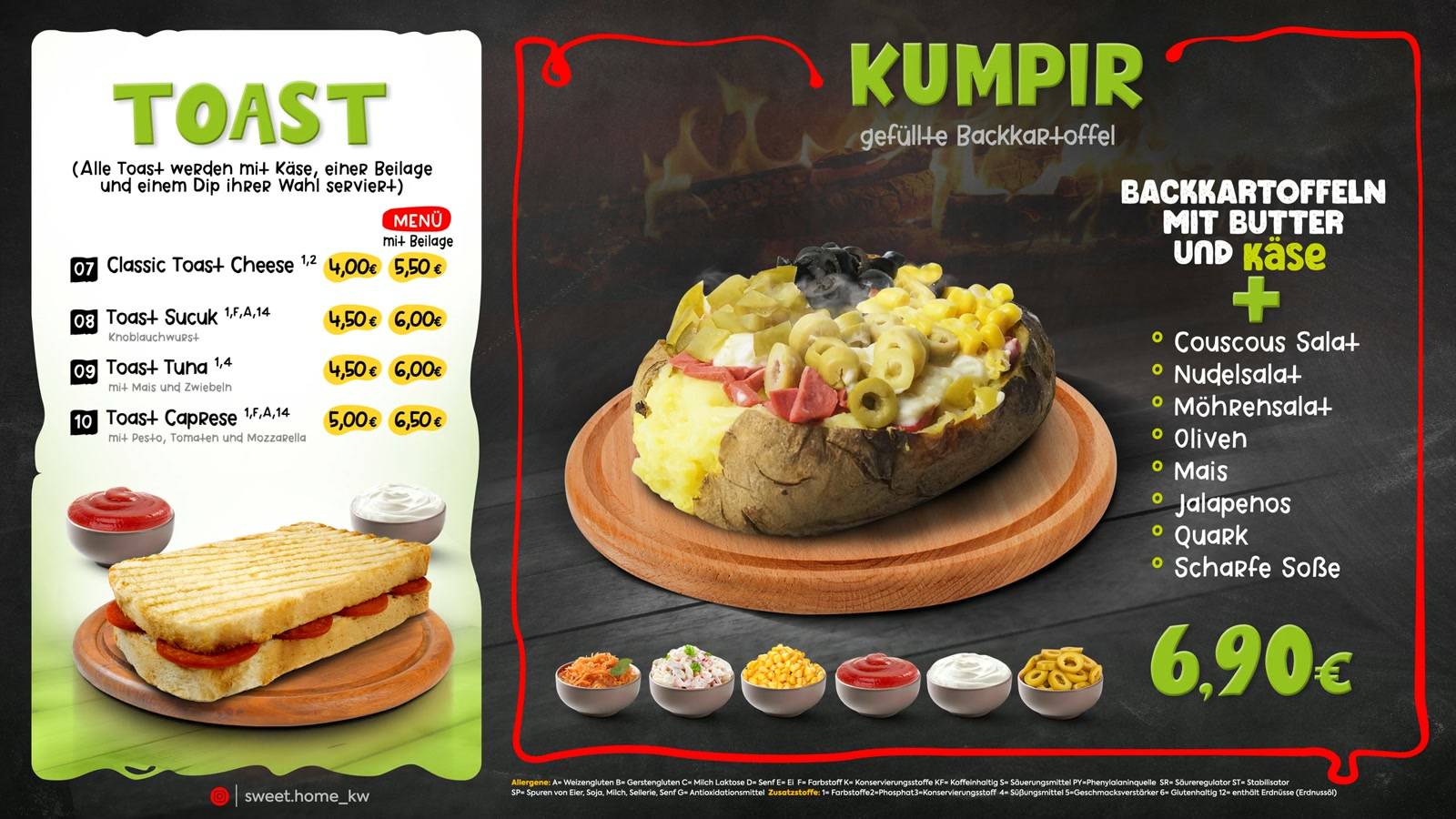 Menüboard-Design für Sweet Home: Toast und Kumpir