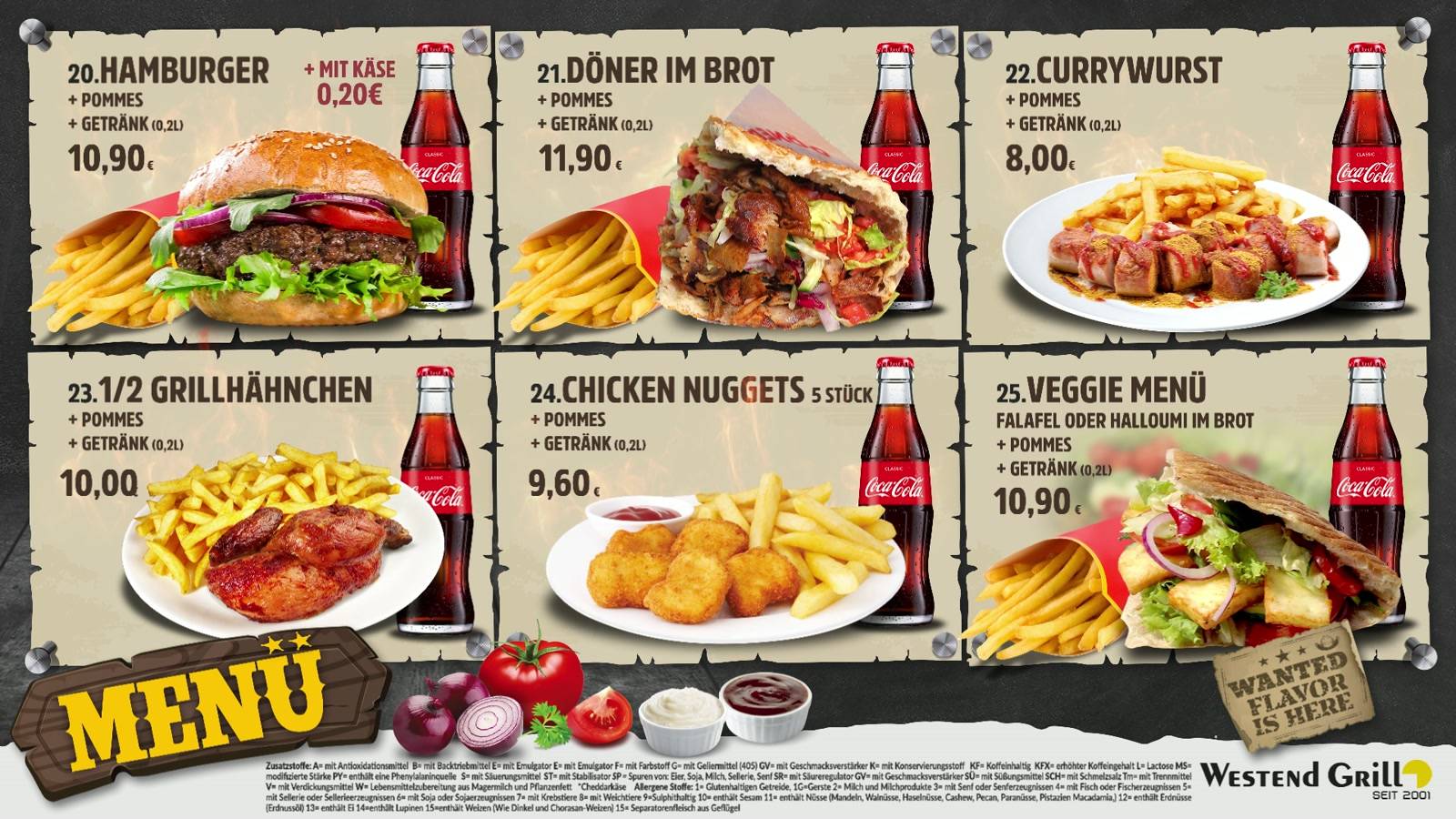 Menüboard-Design für Westend Grill: Burger, Döner und Grillhähnchen