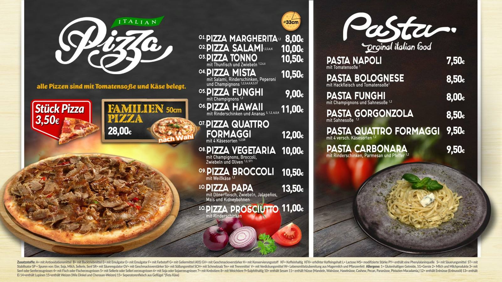 Menübildschirm am Abend: Pizza- und Pasta-Karte mit Preisen