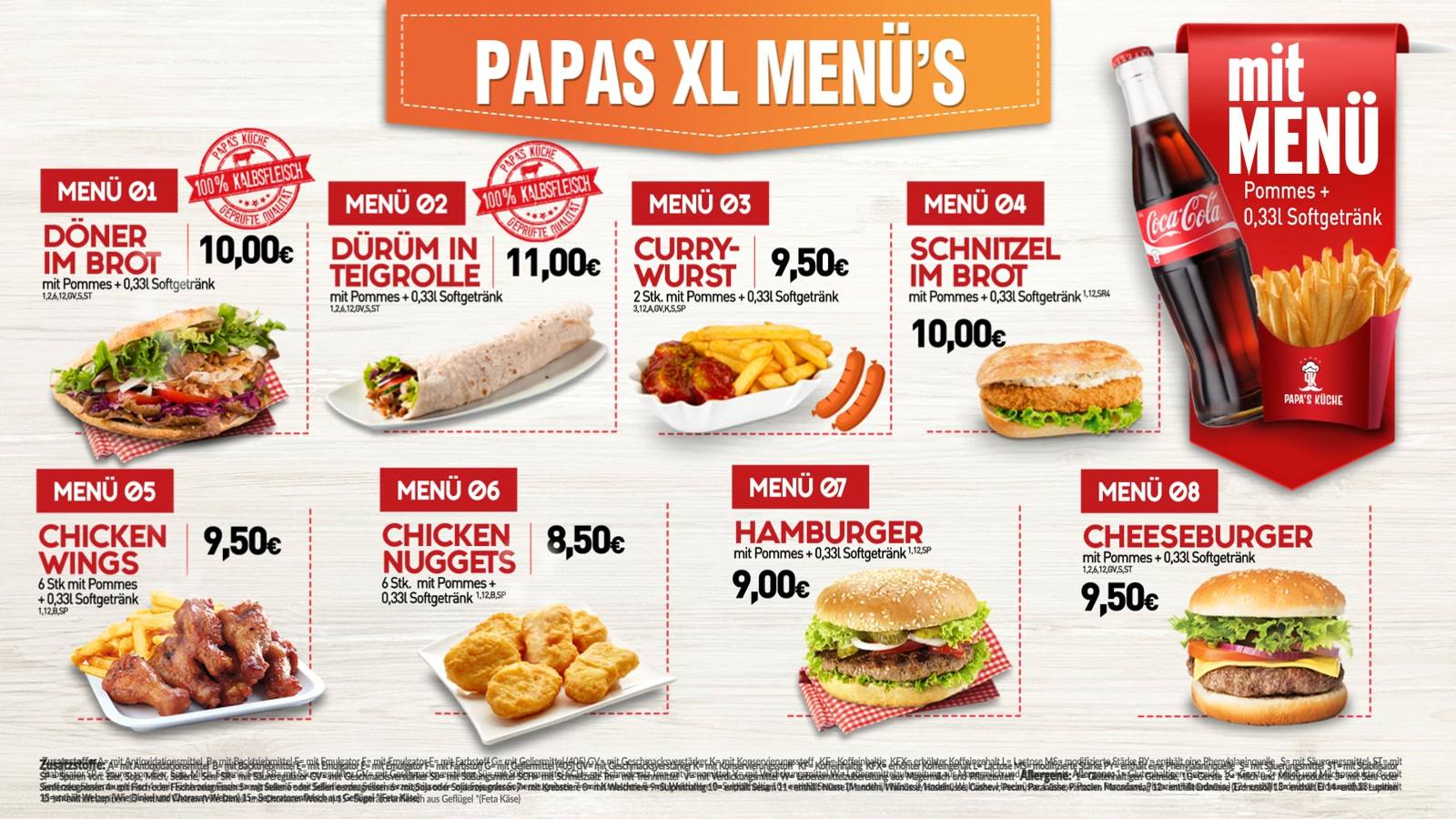 Menübildschirm zum Mittag: Papas XL-Menüs mit Döner, Dürüm, Currywurst und Burgern samt Preisen