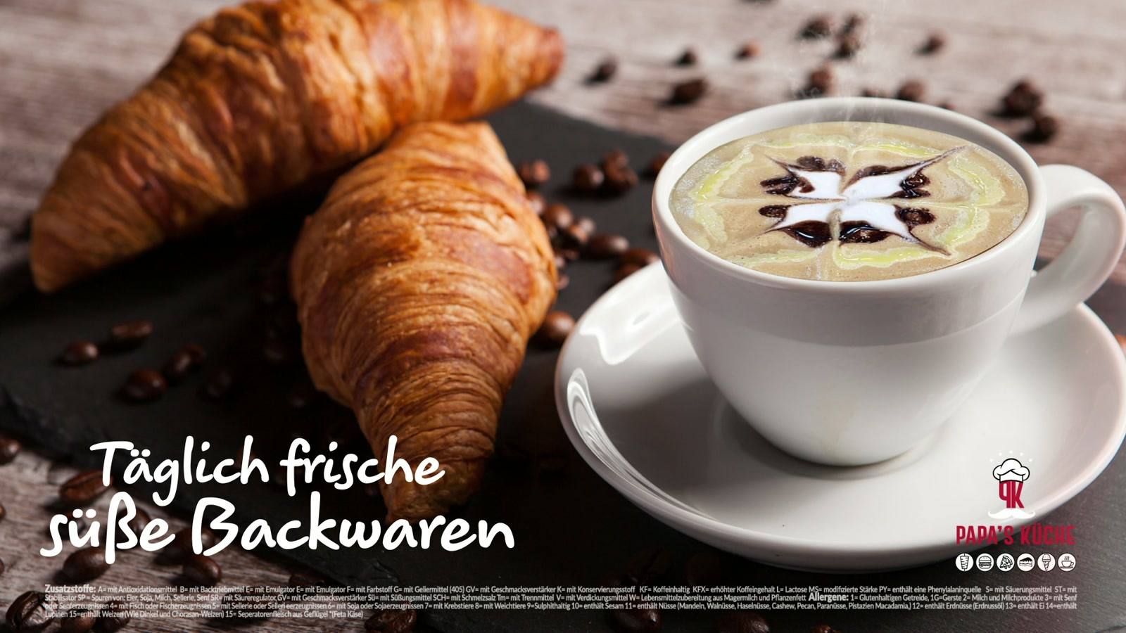 Menübildschirm am Morgen: Croissants und Cappuccino, „Täglich frische süße Backwaren“